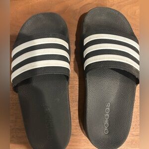 Adidas Black Slides with White Stripes